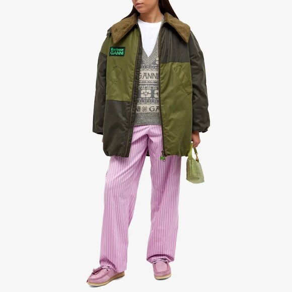 BARBOUR x Ganni Tartan Waxed Cotton Bomber Jacket Green Size UK 6 US 2 - Picture 3 of 9